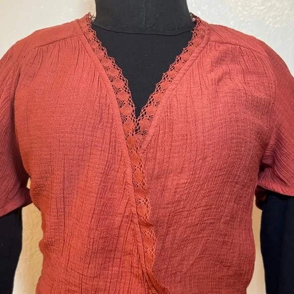 Mine Rust Wrap Blouse with Lace Trim - Picture 3 of 12